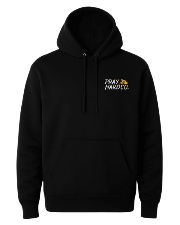 Black hoodie with 'PRAY HARDCO.' text on a white background
