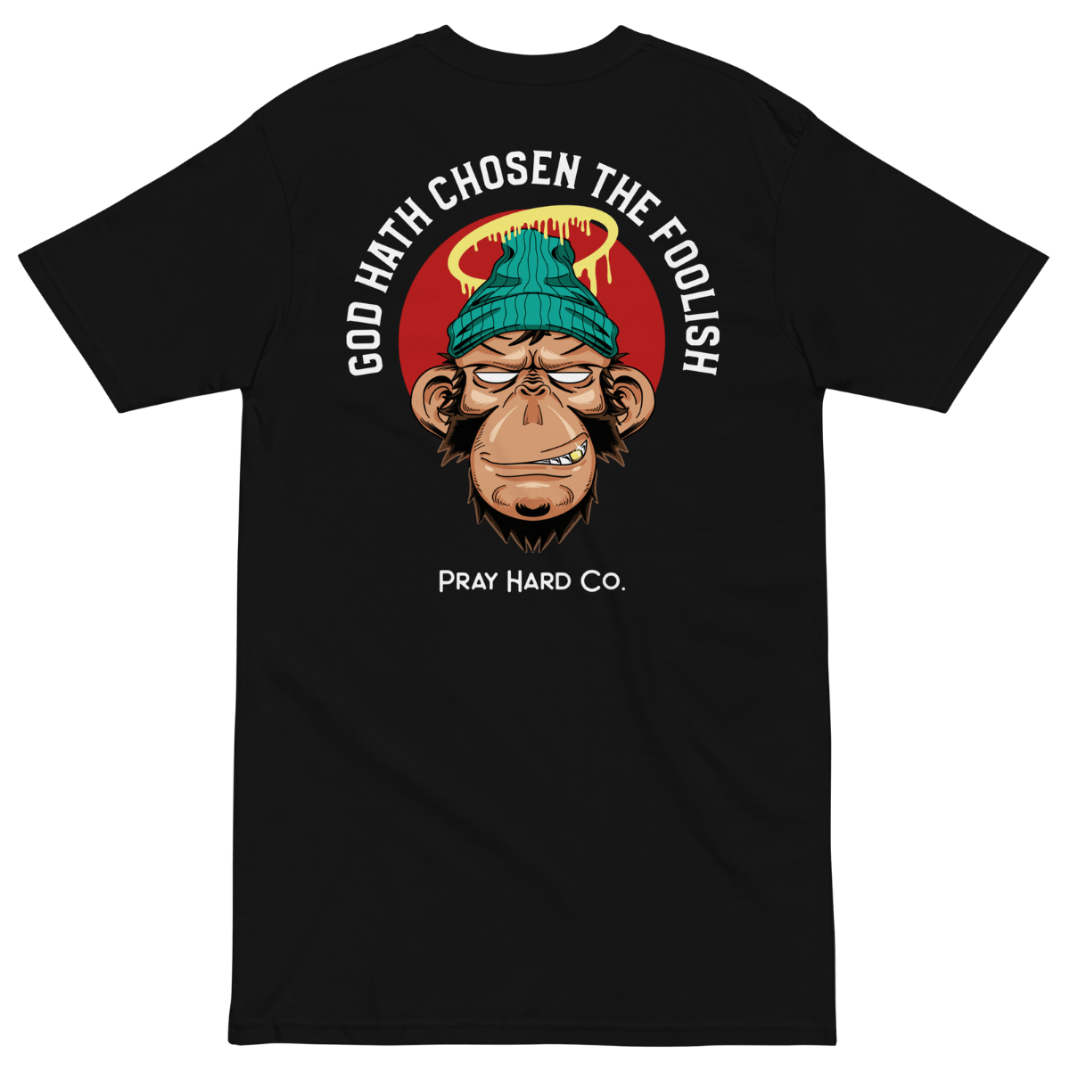 Black t-shirt with a graphic design of a monkey wearing a beanie and text on the back, on a transparent background.