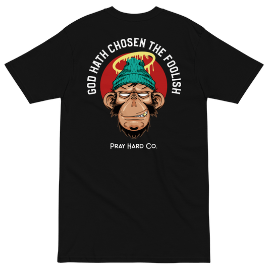 Black t-shirt with a graphic design of a monkey wearing a beanie and text on the back, on a transparent background.