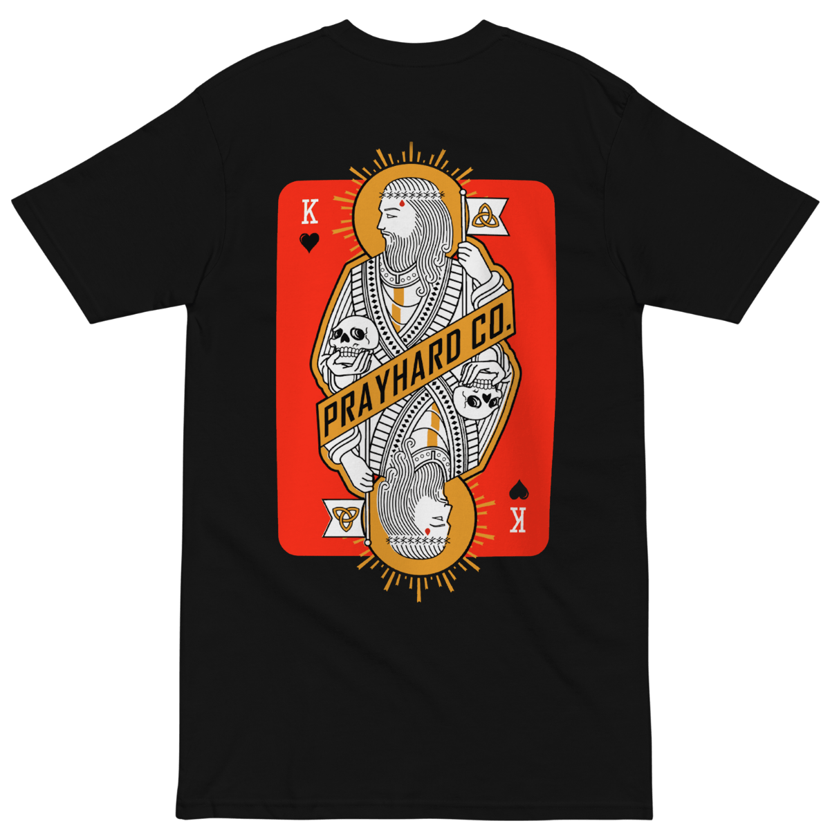 Black t-shirt with a graphic design of a playing card featuring a skeleton and 'Prayhard Co.' text on a red background.