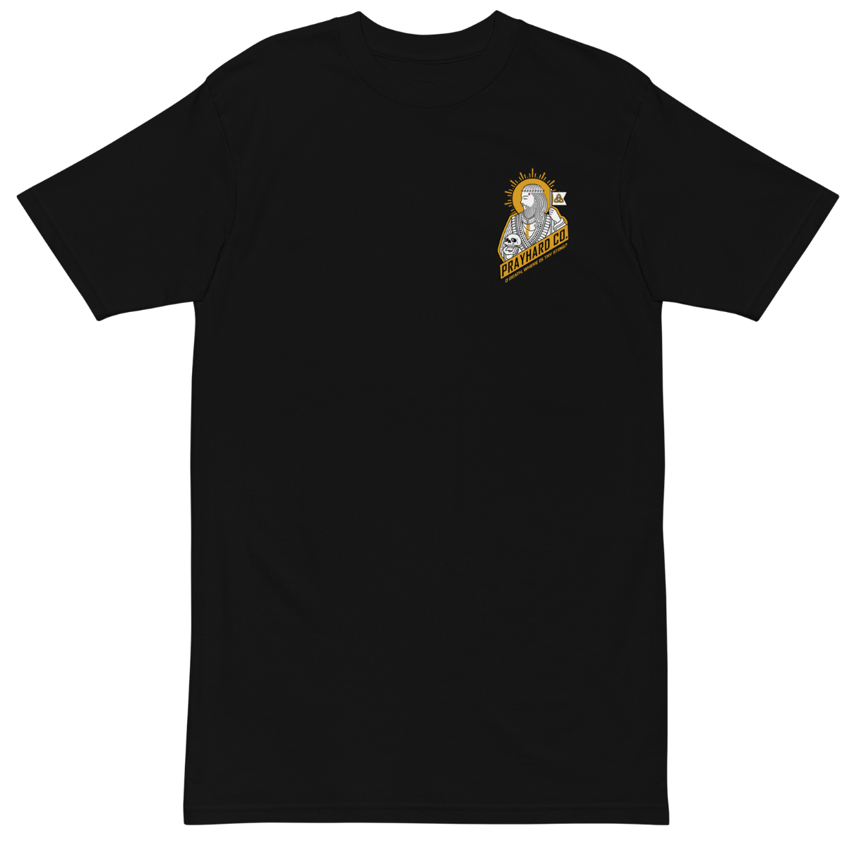 Black t-shirt with a small logo on the chest against a transparent background