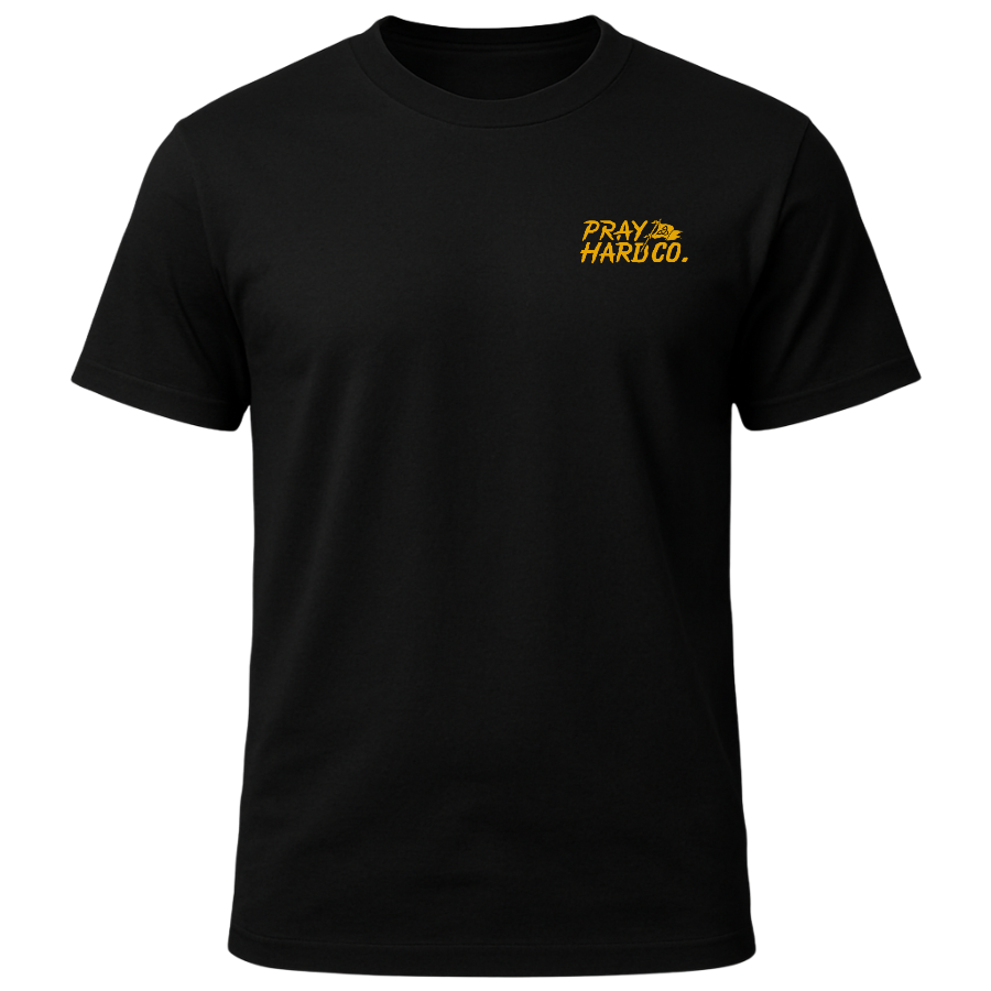 Black t-shirt with yellow text 'PRAY HARD CO.' on a white background