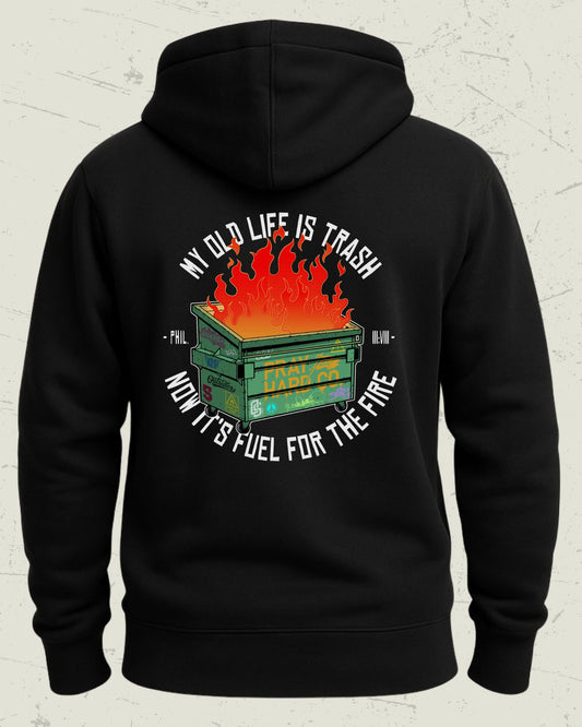 Black hoodie with graphic design on the back against a light gray background