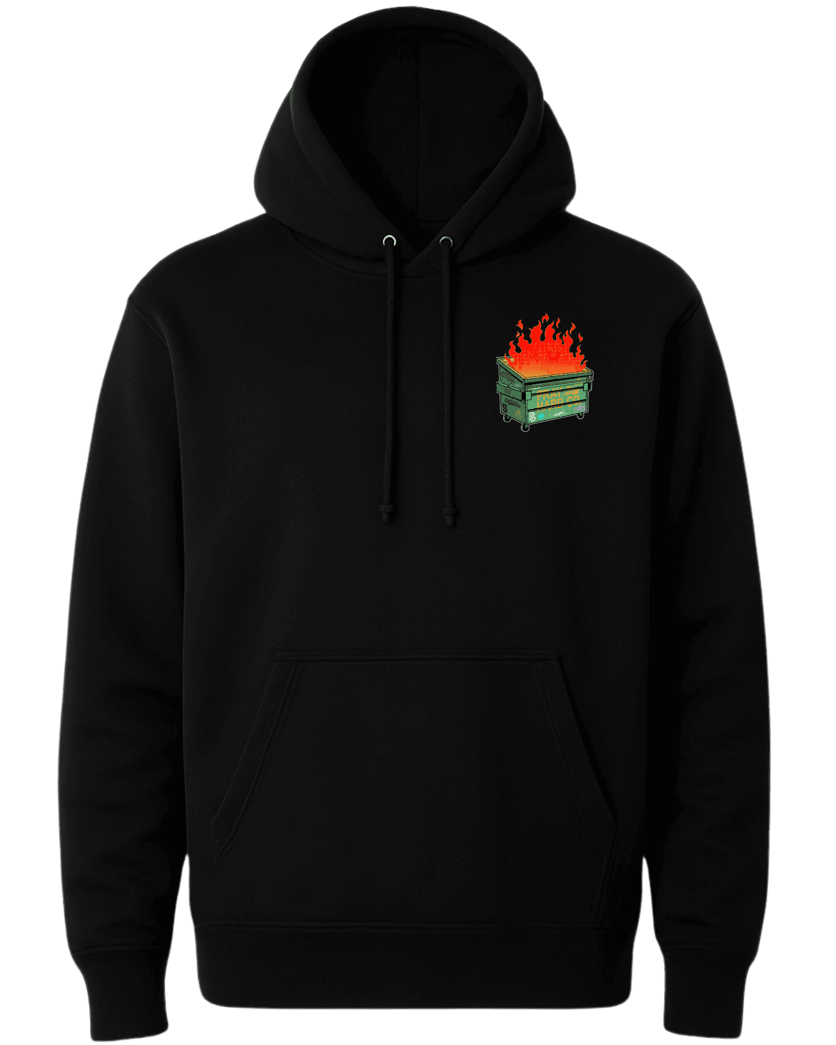 Black hoodie with a small graphic on the chest against a white background