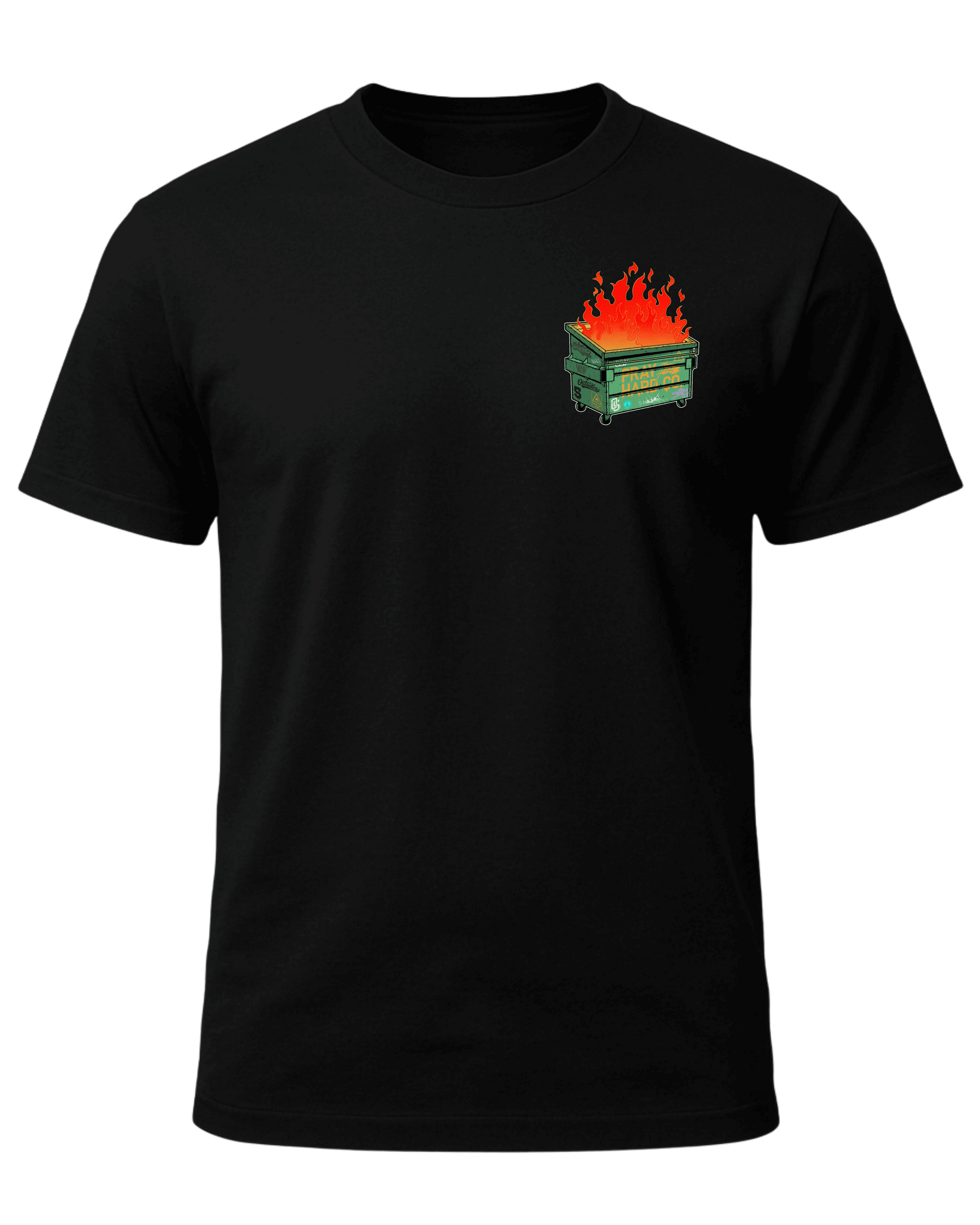Black t-shirt with a graphic of a dumpster fire on a transparent background