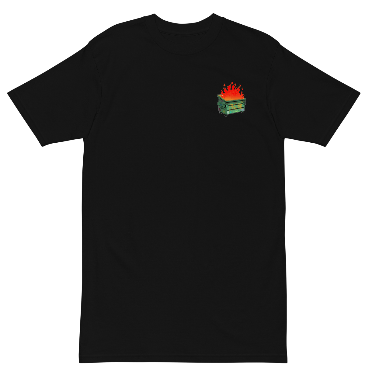 Black t-shirt with a small graphic of a trash on fire on a transparent background