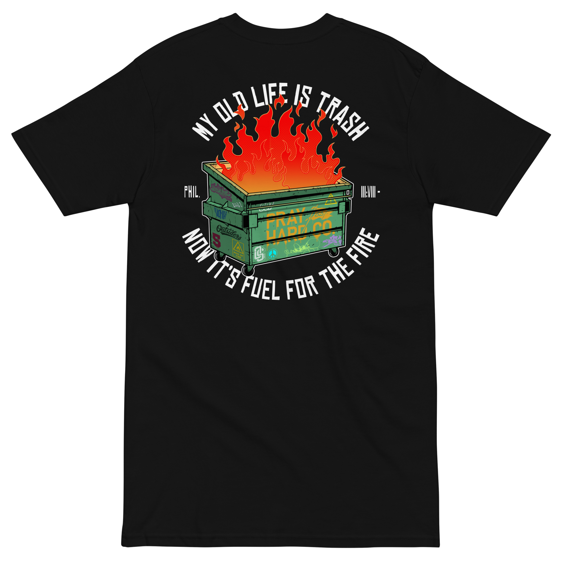 Black t-shirt with a graphic design of a burning trash bin and text on the back, on a transparent background.