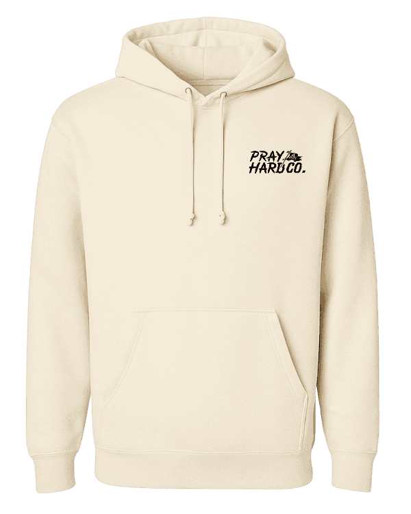 Cream hoodie with 'PRAY HARD CO.' text on a green background
