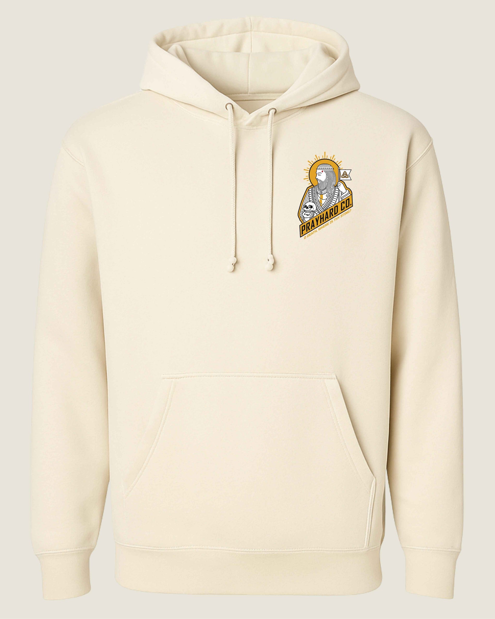 Cream hoodie with a logo on the chest against a light gray background