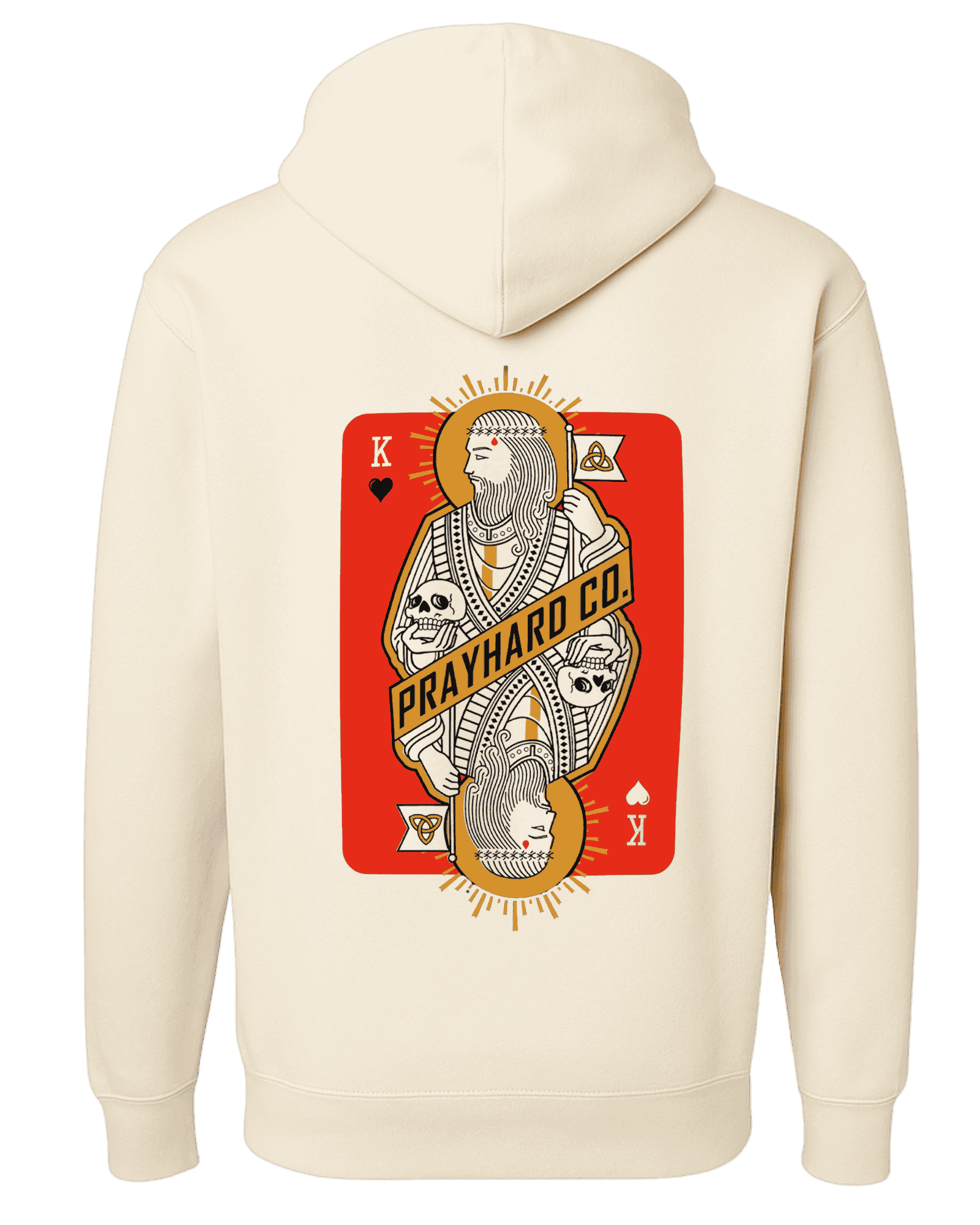 Creamhoodie with a graphic design on the back featuring a king over Deatgh card style illustration.