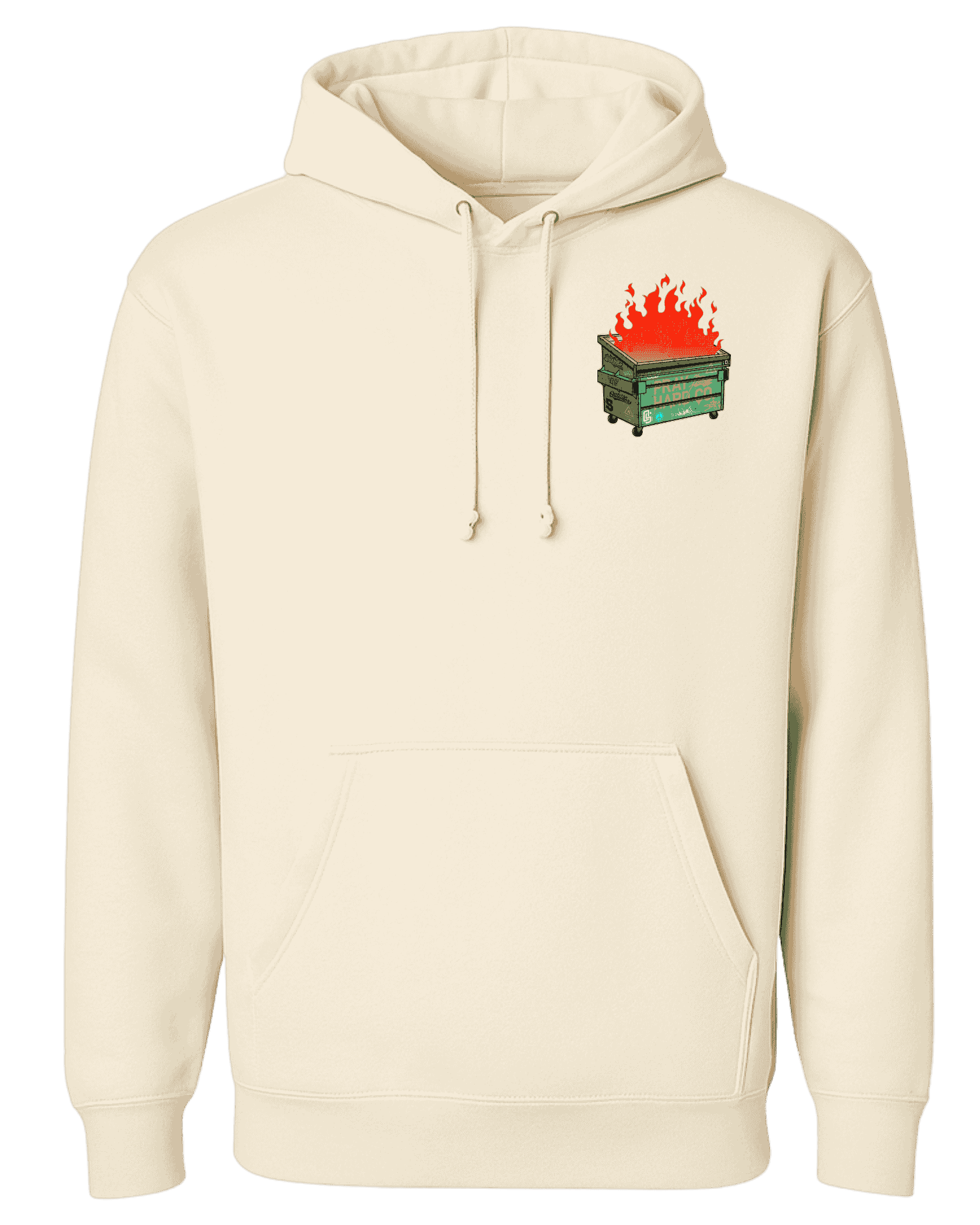Cream hoodie with a graphic design on the chest against a green background