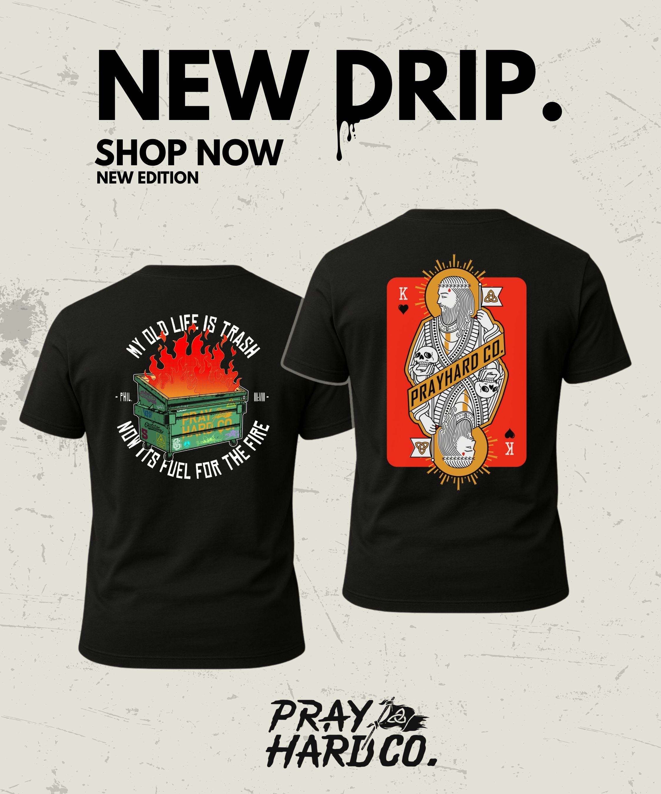 Black t-shirt with graphic designs on the front and back, featuring text and a logo, on a textured white background.