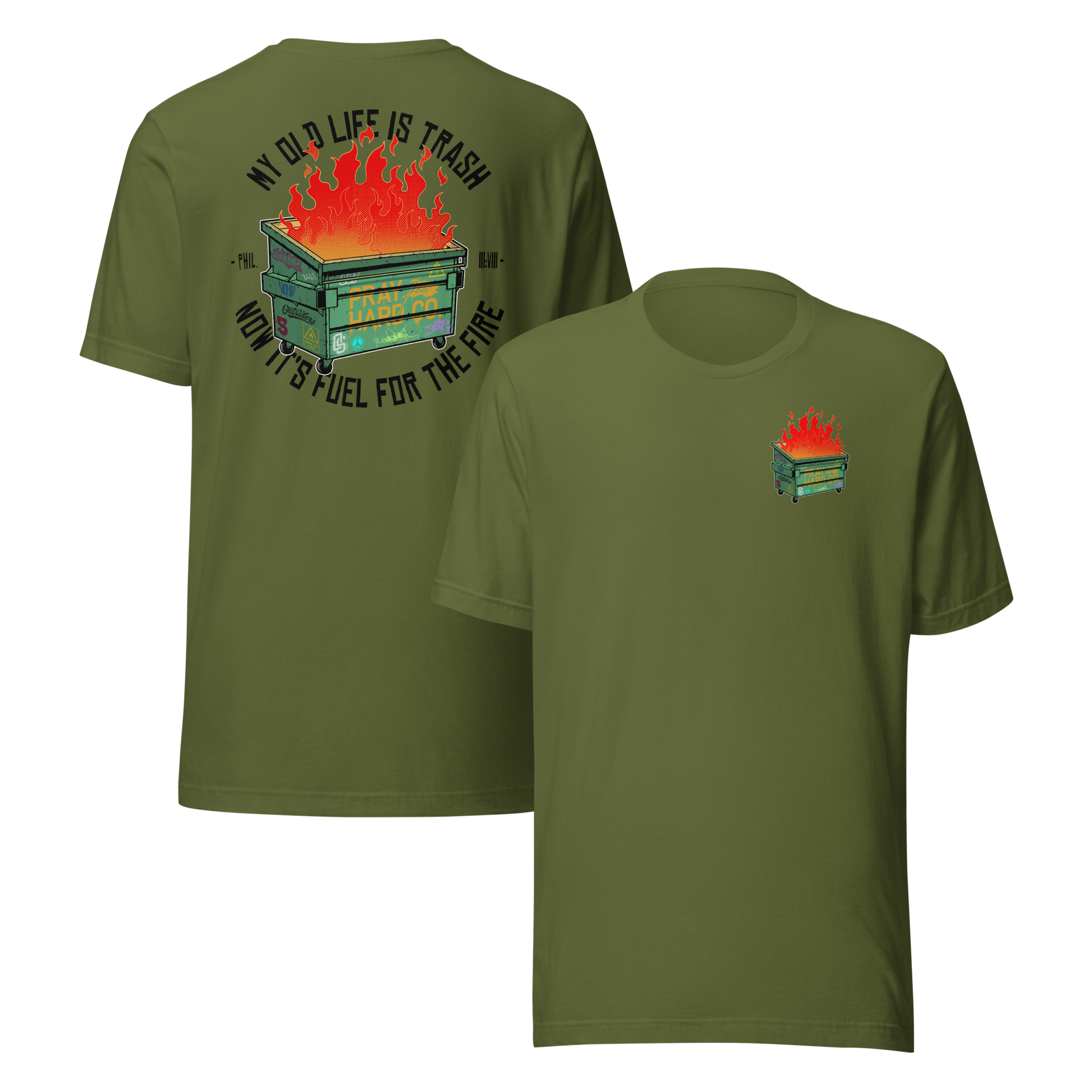 Olive Green t-shirt with graphic design on front and back