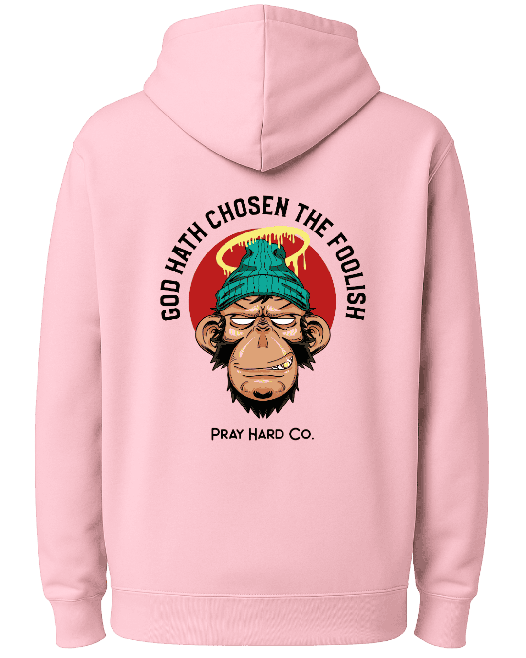Pink hoodie with a graphic design on the back featuring a monkey and text.