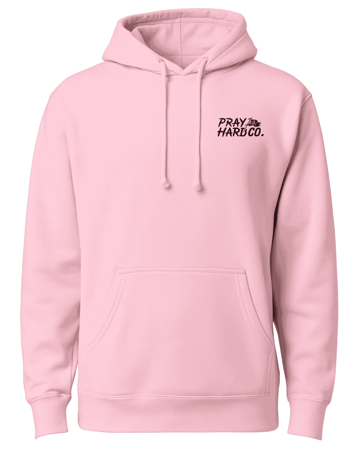 Pink hoodie with 'PRAY HARD CO.' text on a green background