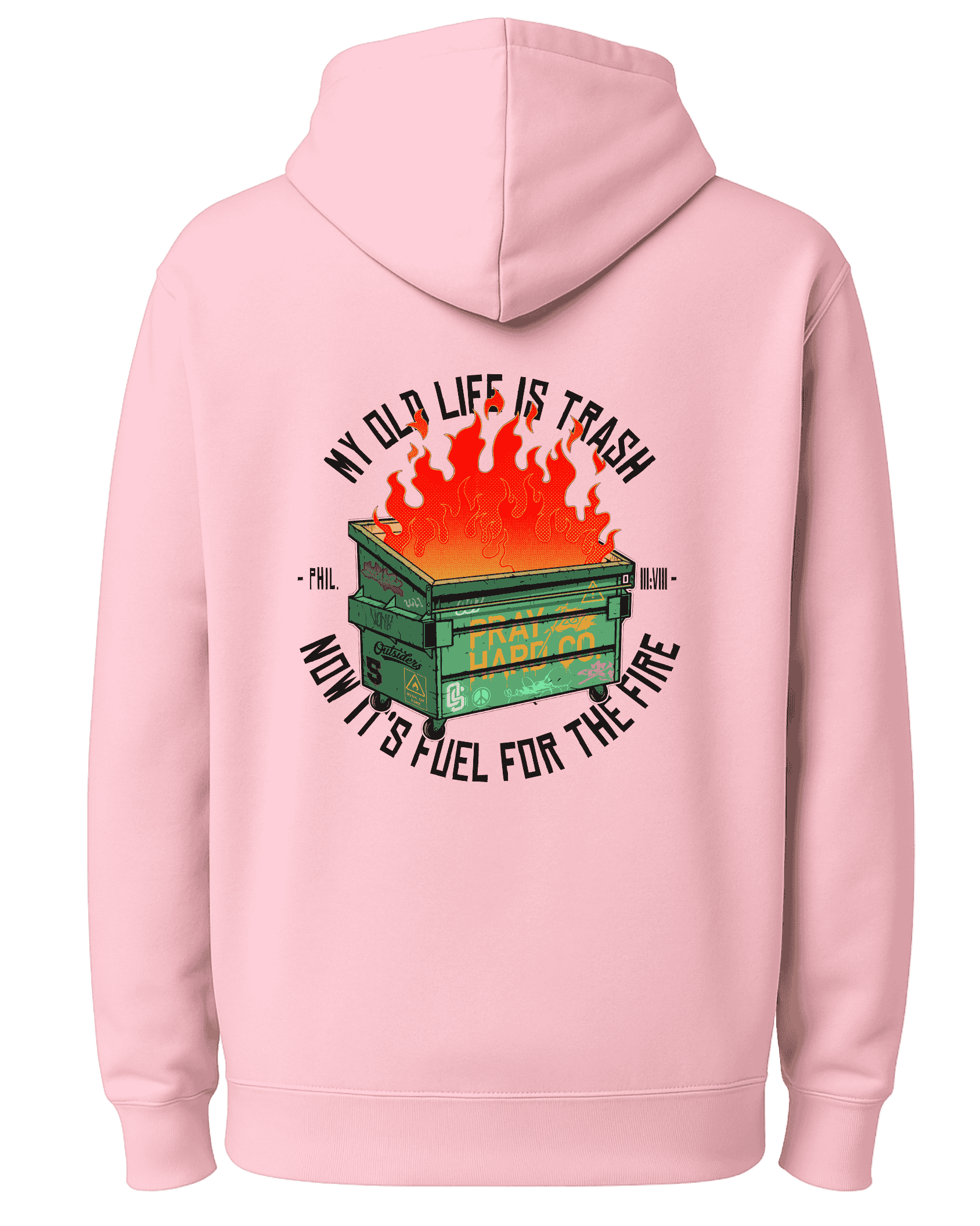 Pink hoodie with a graphic design on the back featuring a trash bin on fire.