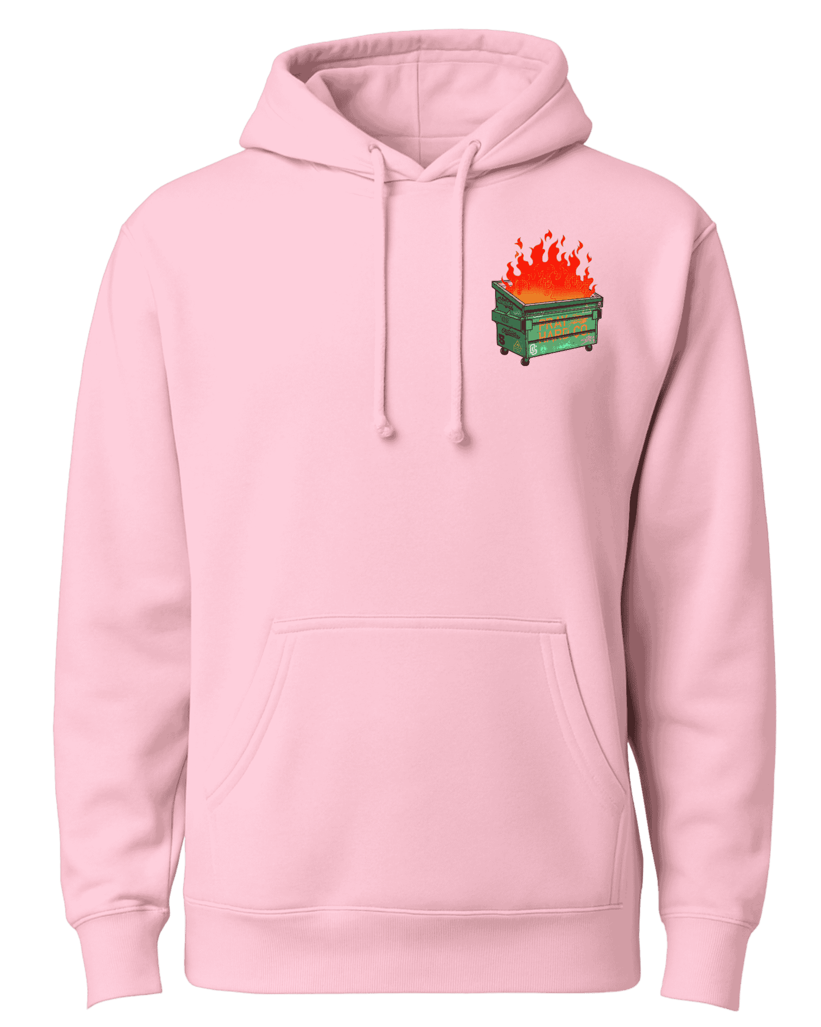 Pink hoodie with a graphic of a dumpster fire on a green background