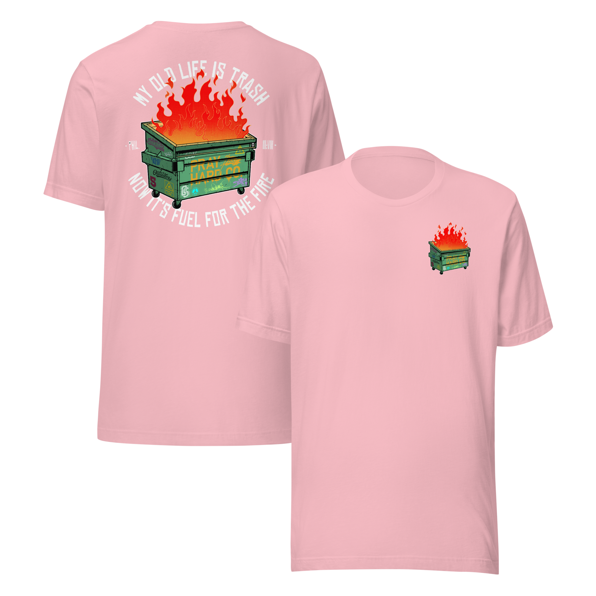 Pink t-shirt with graphic design on front and back