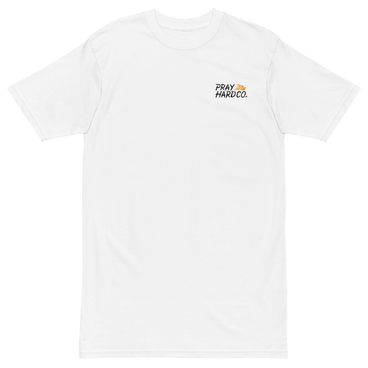 White t-shirt with a small logo on the chest against a transparent background