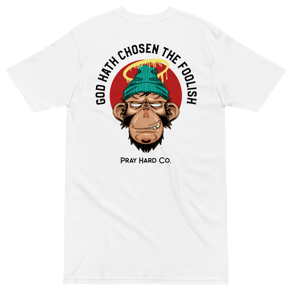 White t-shirt with a graphic of a monkey wearing a green beanie and text on the back, on a transparent background.