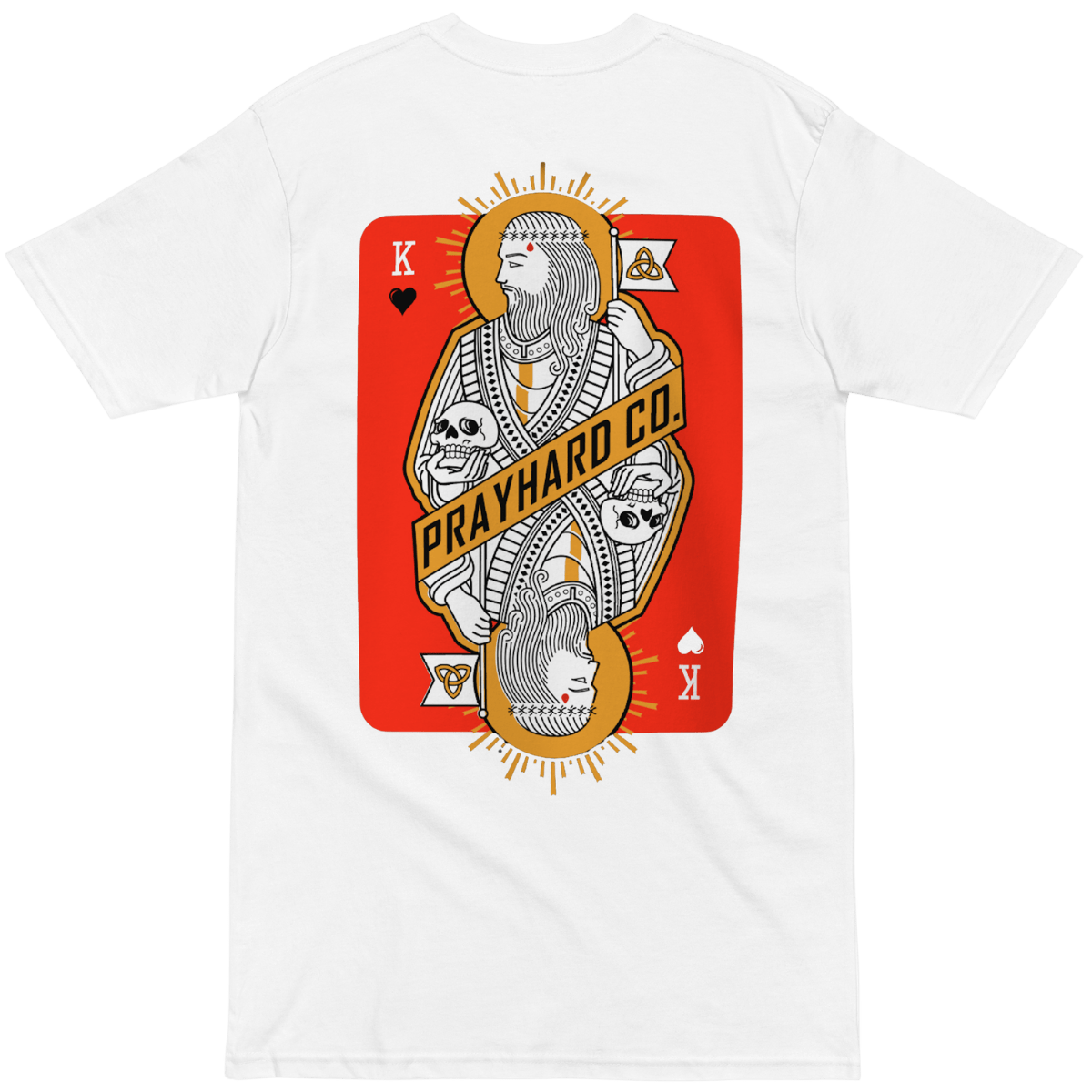 White t-shirt with a King Over Death playing card design featuring 'Pray Hard Co.' on a white background.