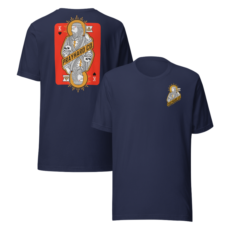 Navy blue t-shirt with a graphic design on the front and back on a white background
