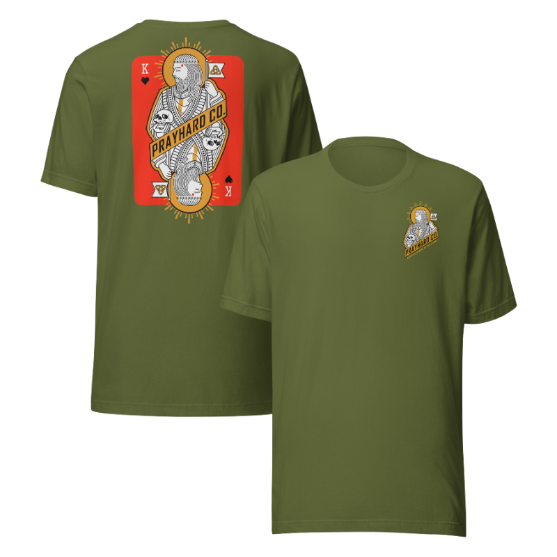 Olive Green t-shirt with a graphic design on the front and back on a white background