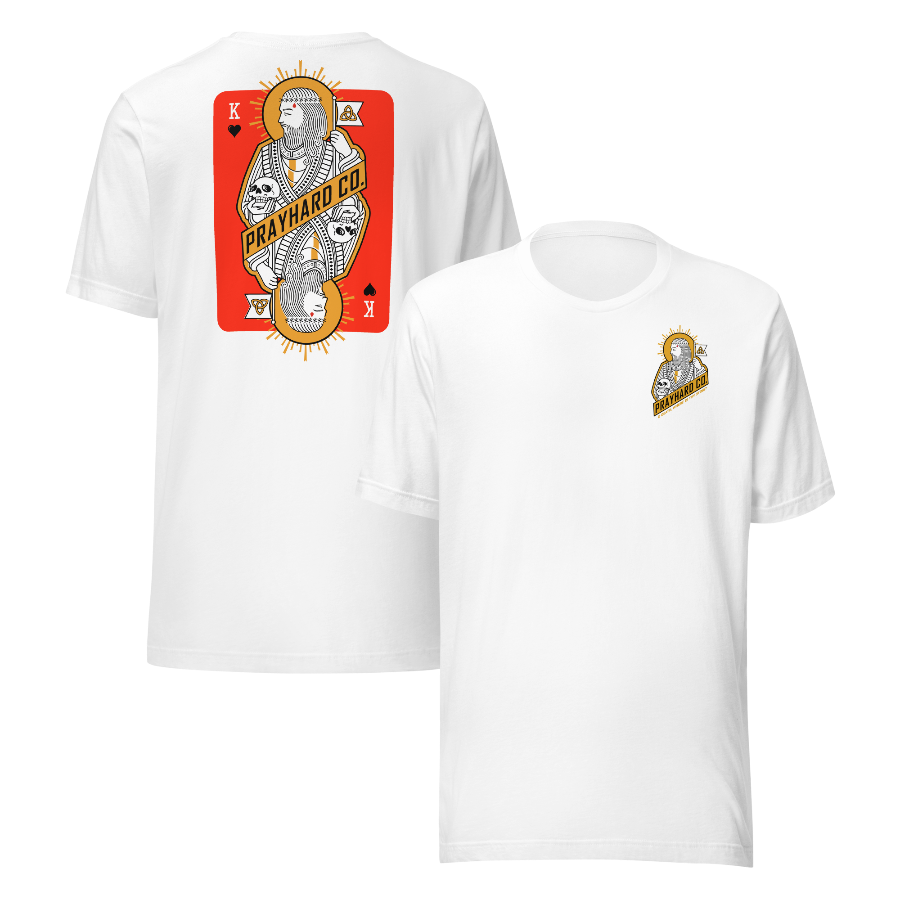 Two white t-shirts with graphic designs on a white background